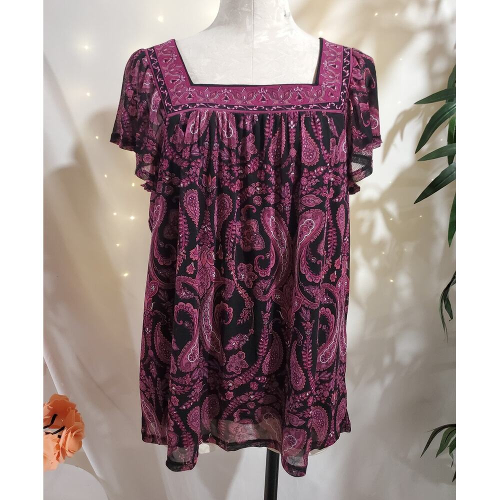 Vtg Y2K Apt 9 Sheer Mesh Paisley Square Neck Top Sz XL Fairy Grunge Boho Whimsy